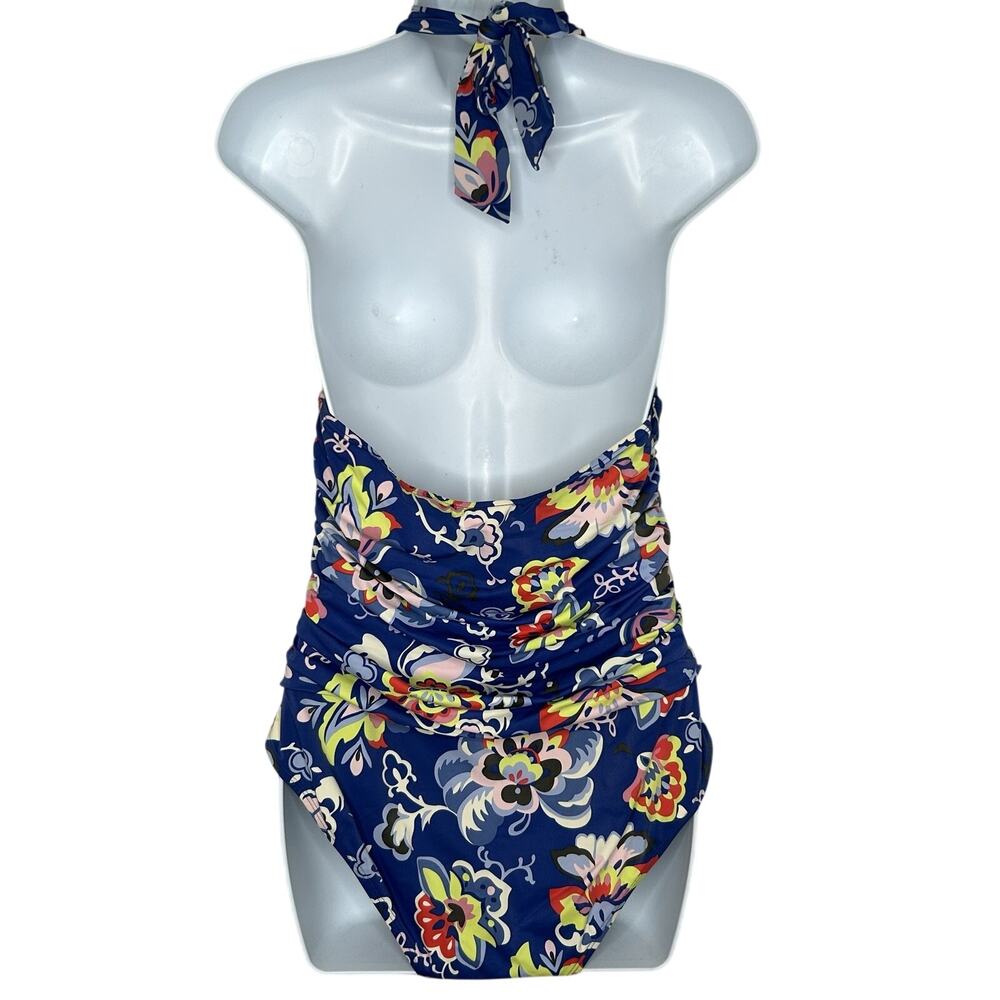 Boden One-Piece Swimsuit Size 10 Blue Floral Halter Ruched Sides - Picture 2 of 9